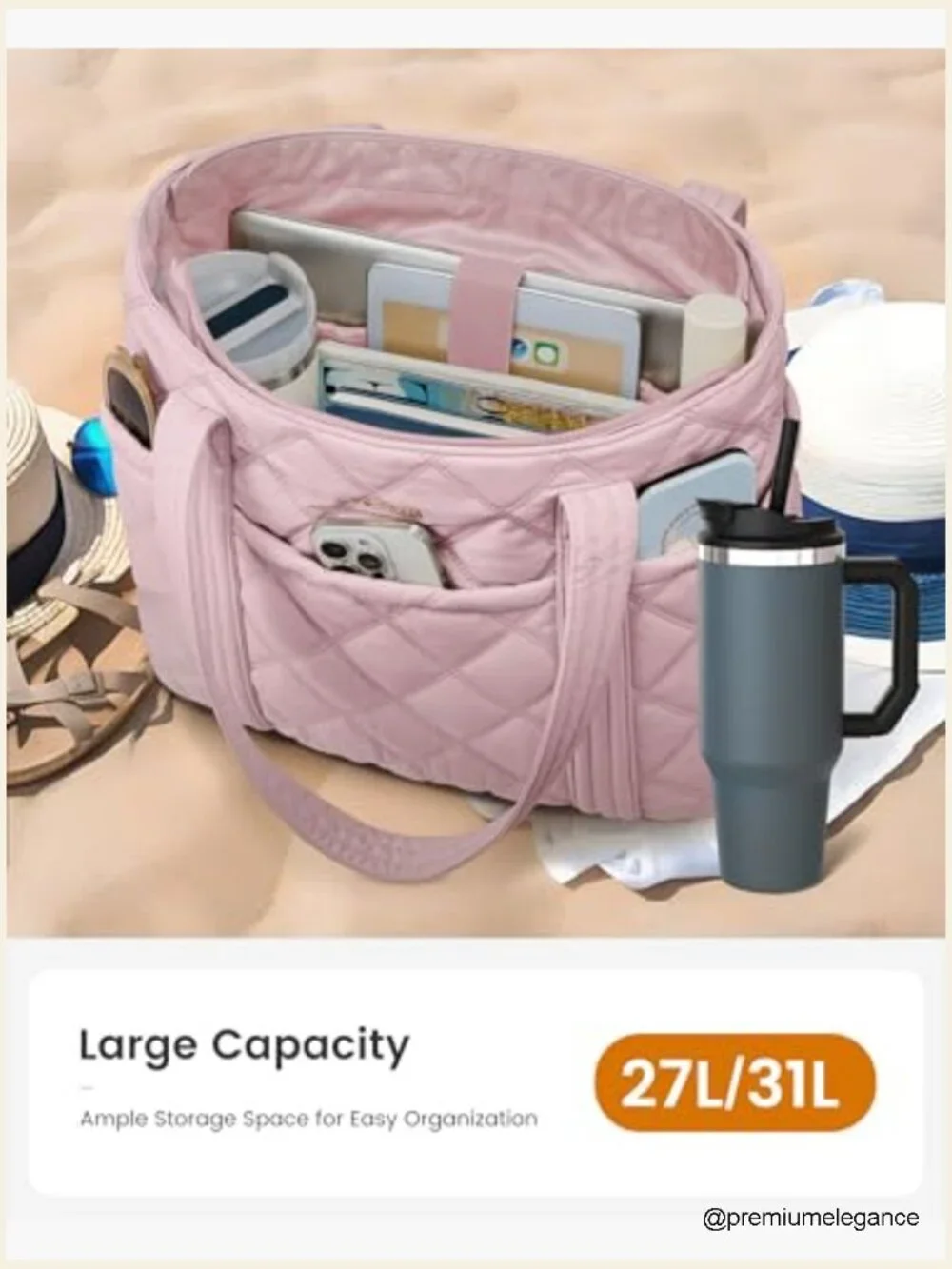 Puffer Tote Bag with Cup Holder, Work Handbag, Travel Carry On, 27L Capacity,